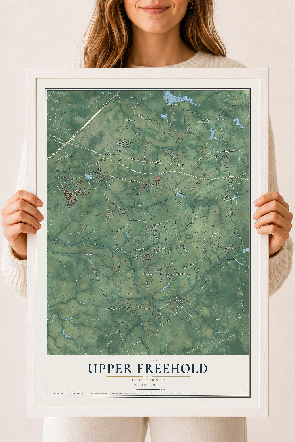 Upper Freehold, New Jersey map print, 18" x 24" W/ White Ayous Wood Frame mockup