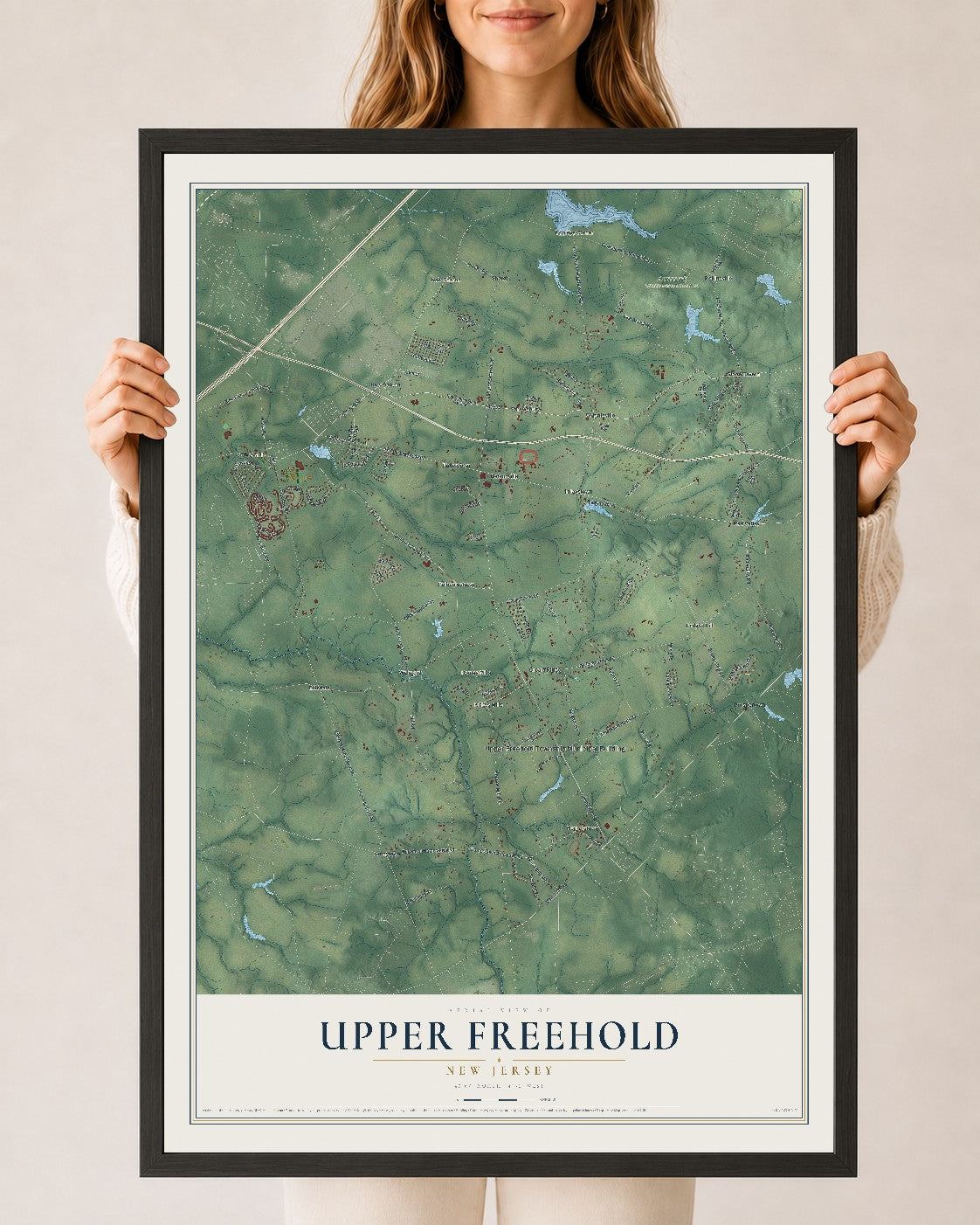 Upper Freehold, New Jersey map print, 24" x 36" W/ Black Ayous Wood Frame mockup
