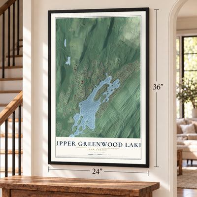 Upper Greenwood Lake, New Jersey map, 24 x 36 inch print in a black frame by a staircase