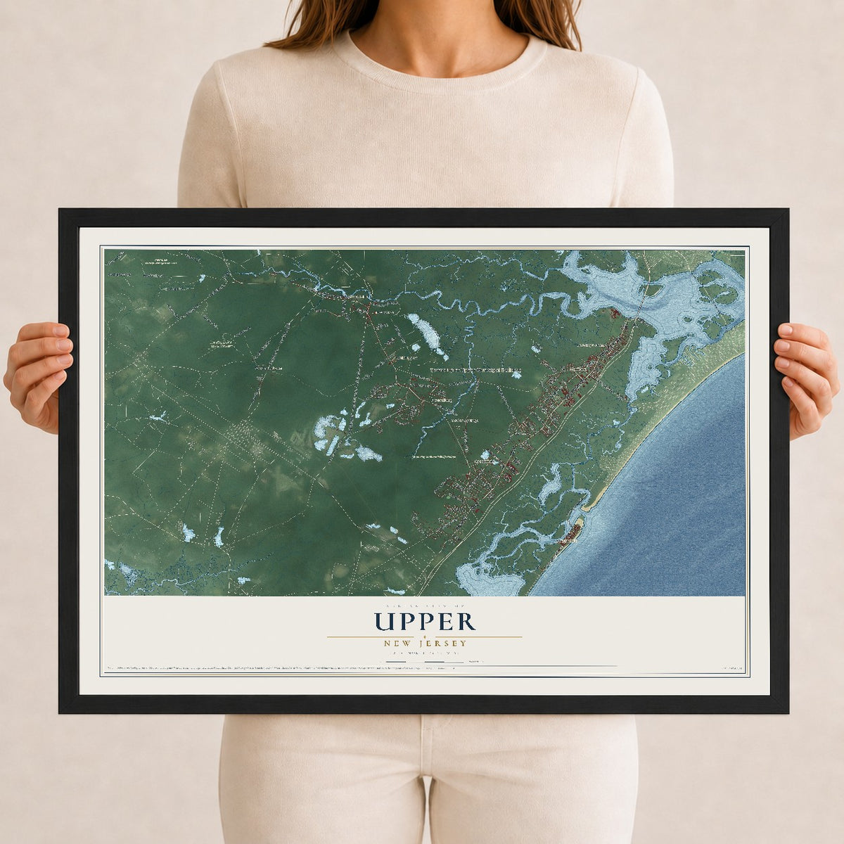 Upper, New Jersey map print, 12" x 18" W/ Black Ayous Wood Frame mockup