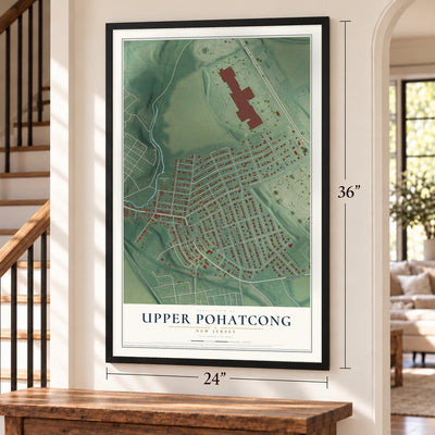 Upper Pohatcong, New Jersey map, 24 x 36 inch print in a black frame by a staircase