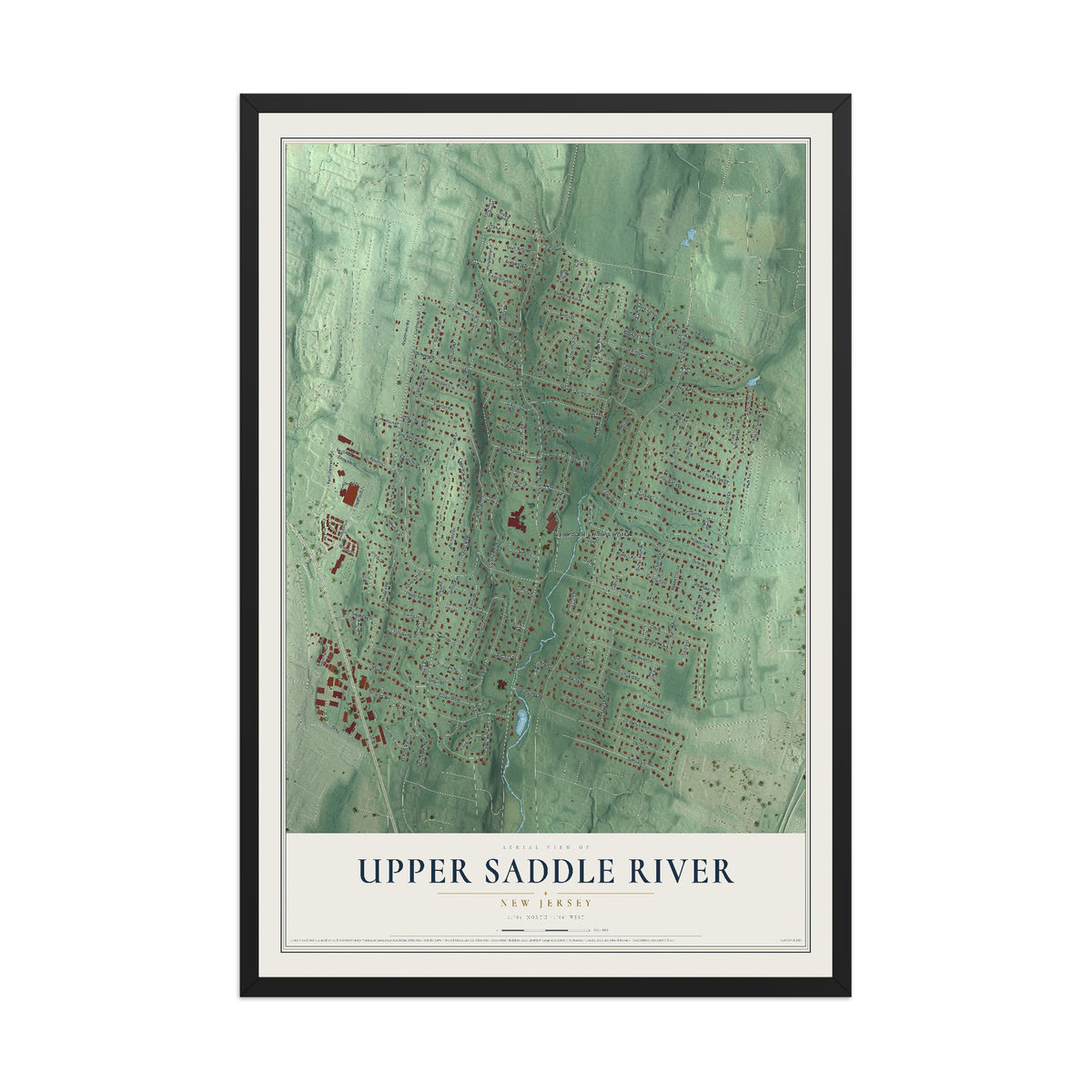 Upper Saddle River, New Jersey map print, 12" x 18" W/ Black Ayous Wood Frame mockup