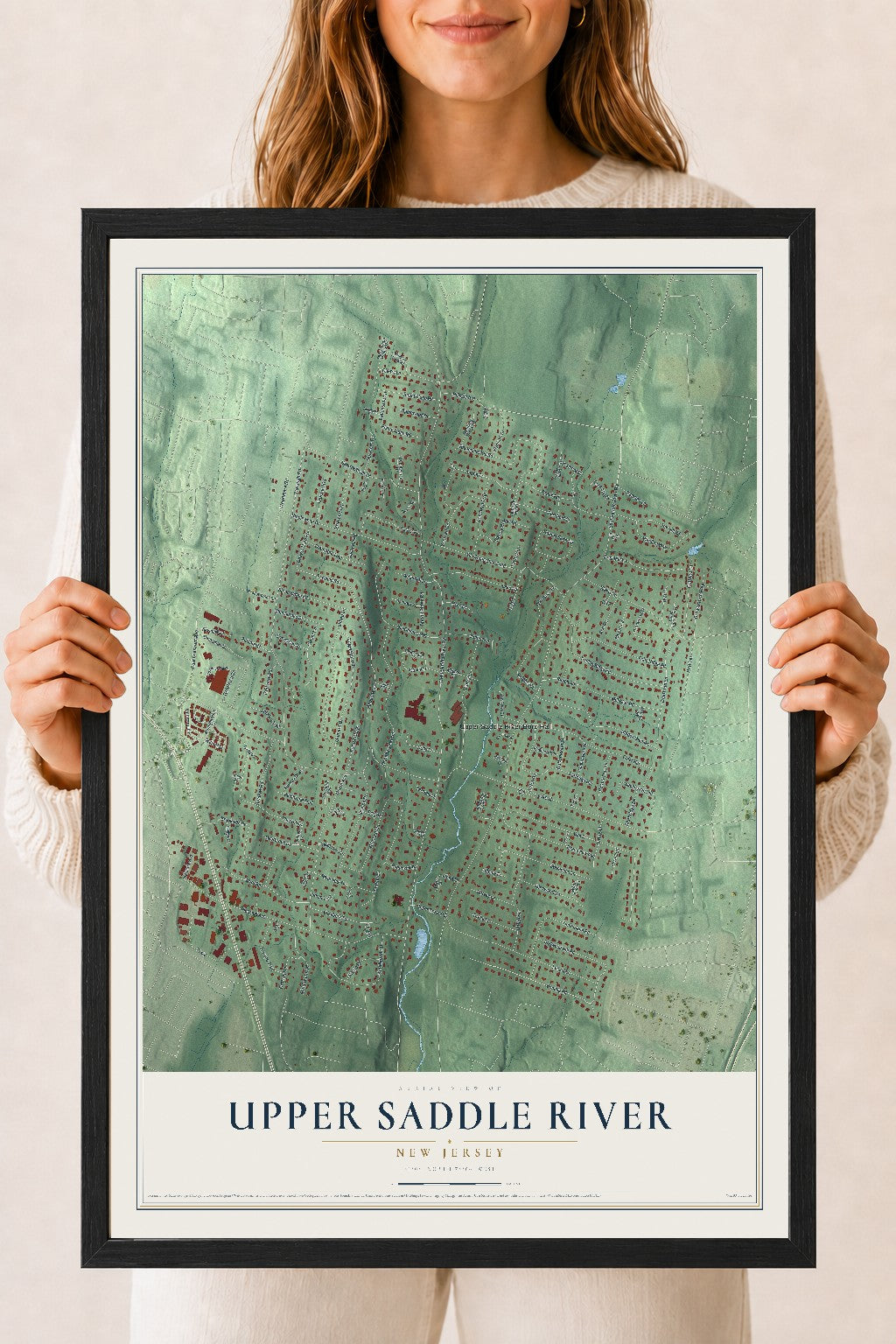 Upper Saddle River, New Jersey map print, 18" x 24" W/ Black Ayous Wood Frame mockup
