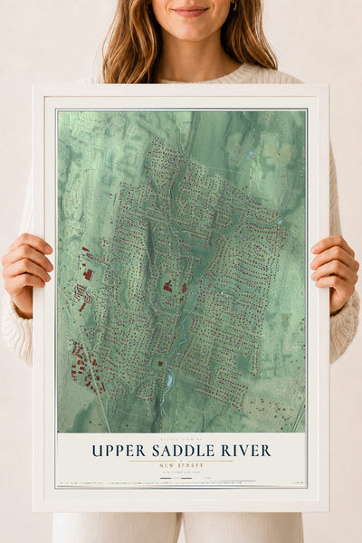 Upper Saddle River, New Jersey map print, 18" x 24" W/ White Ayous Wood Frame mockup