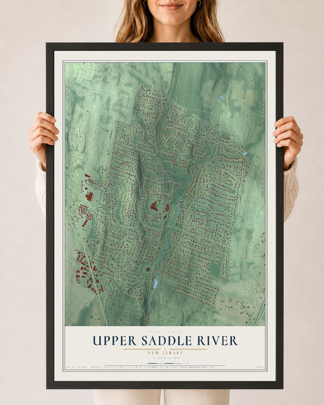 Upper Saddle River, New Jersey map print, 24" x 36" W/ Black Ayous Wood Frame mockup