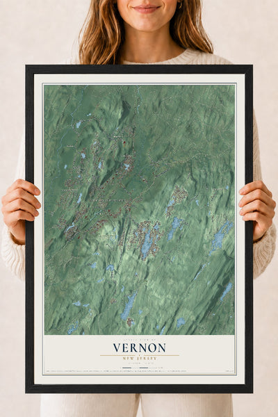 Vernon, New Jersey map print, 18" x 24" W/ Black Ayous Wood Frame mockup