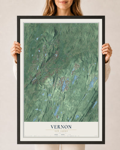 Vernon, New Jersey map print, 24" x 36" W/ Black Ayous Wood Frame mockup
