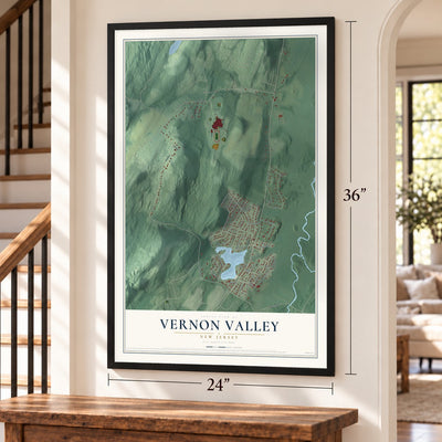 Vernon Valley, New Jersey map, 24 x 36 inch print in a black frame by a staircase