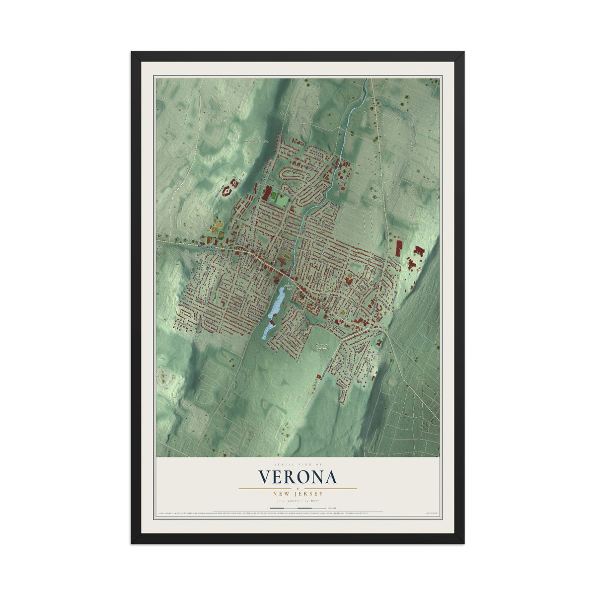 Verona, New Jersey map print, 12" x 18" W/ Black Ayous Wood Frame mockup