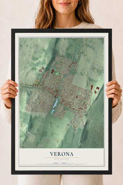 Verona, New Jersey map print, 18" x 24" W/ Black Ayous Wood Frame mockup