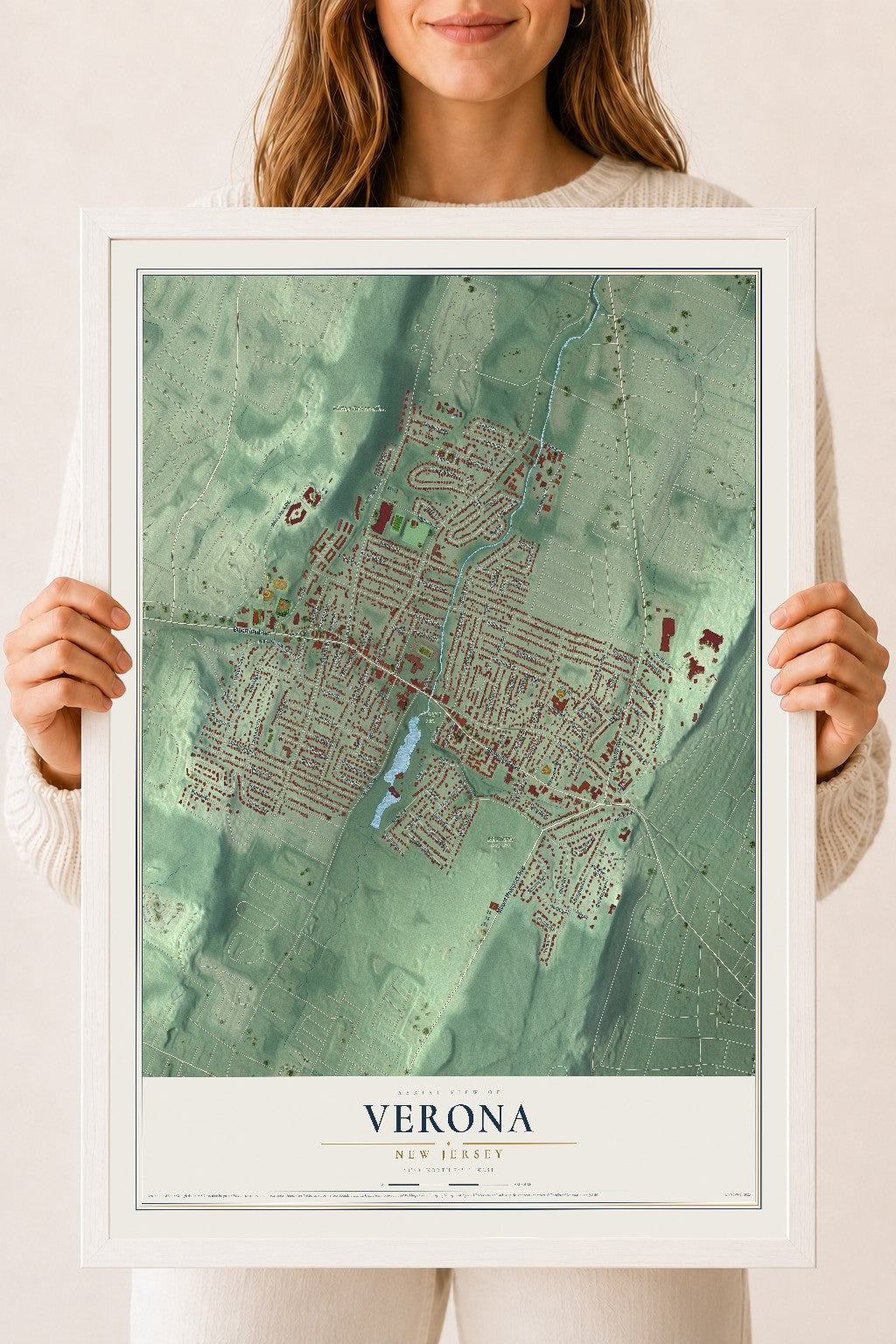 Verona, New Jersey map print, 18" x 24" W/ White Ayous Wood Frame mockup