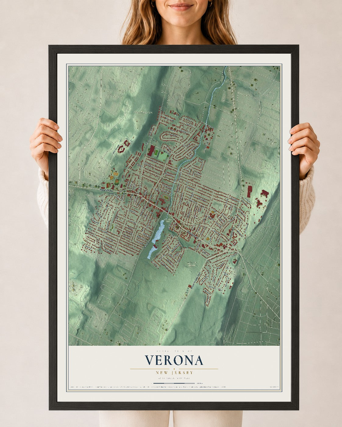 Verona, New Jersey map print, 24" x 36" W/ Black Ayous Wood Frame mockup