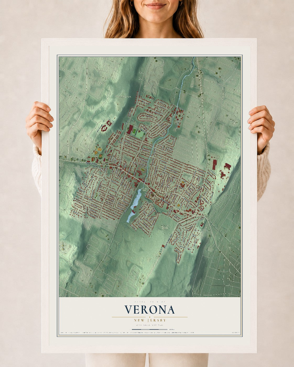 Verona, New Jersey map print, 24" x 36" W/ White Ayous Wood Frame mockup
