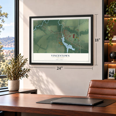 Vincentown, New Jersey map, 18 x 24 inch print in a black frame in a home office