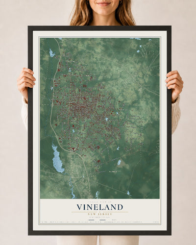 Vineland, New Jersey map print, 24" x 36" W/ Black Ayous Wood Frame mockup