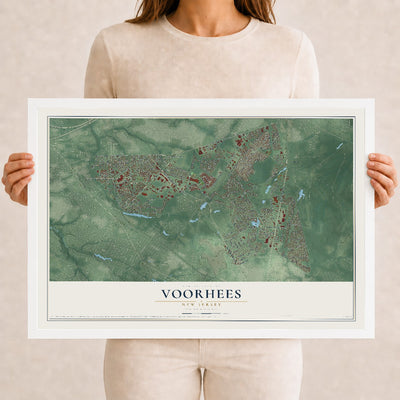 Voorhees, New Jersey map print, 12" x 18" W/ White Ayous Wood Frame mockup
