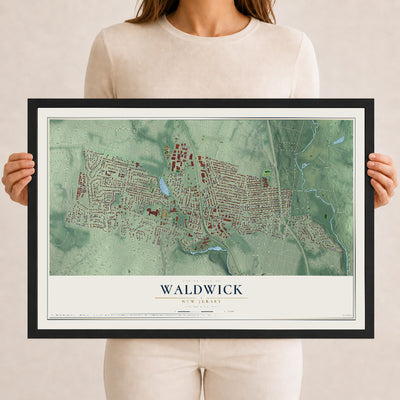Waldwick, New Jersey map print, 12" x 18" W/ Black Ayous Wood Frame mockup