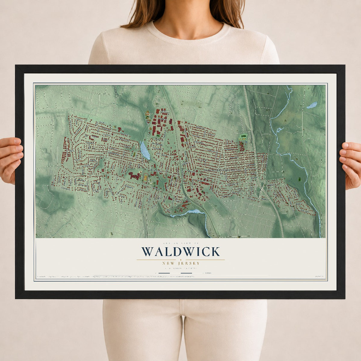 Waldwick, New Jersey map print, 18" x 24" W/ Black Ayous Wood Frame mockup