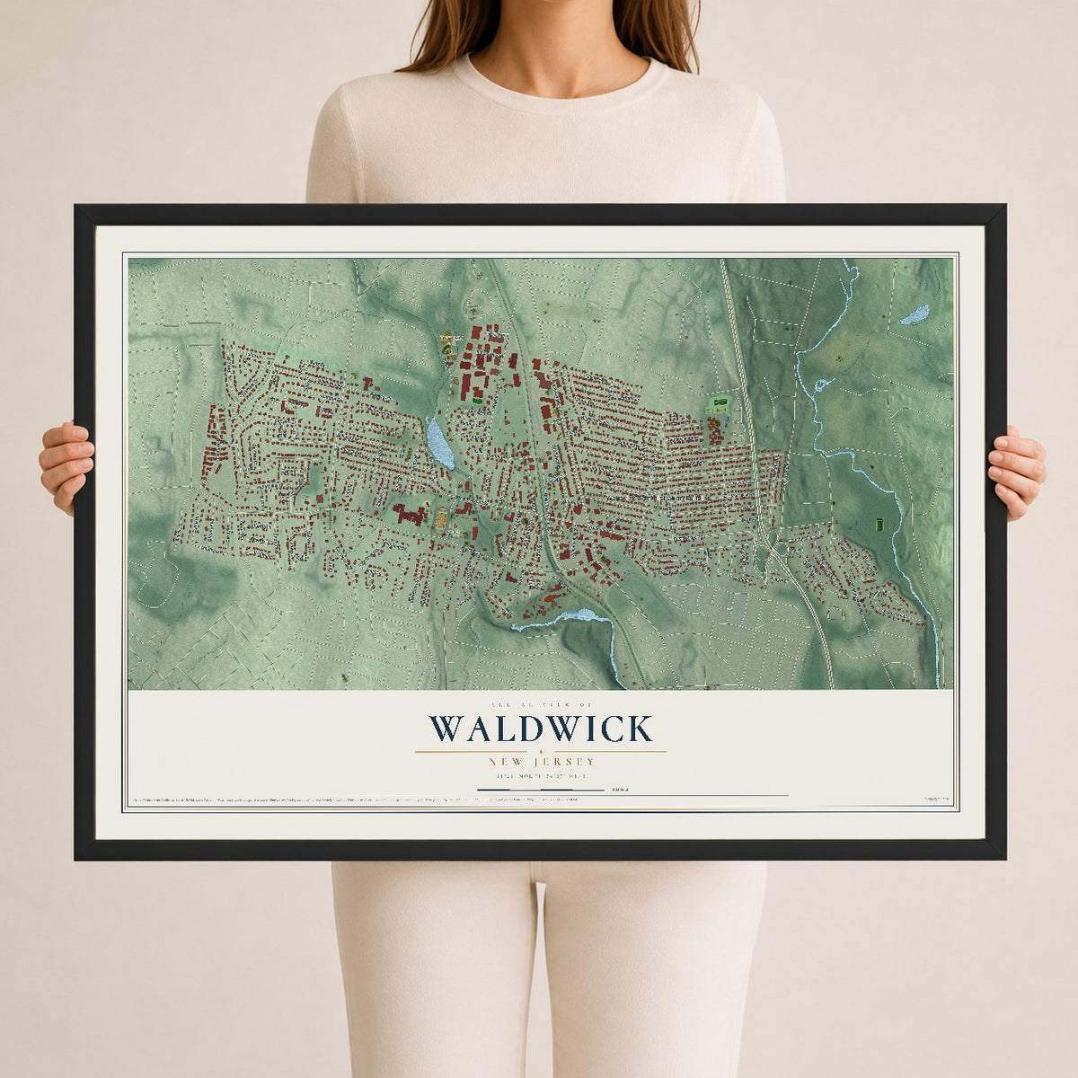 Waldwick, New Jersey map print, 24" x 36" W/ Black Ayous Wood Frame mockup