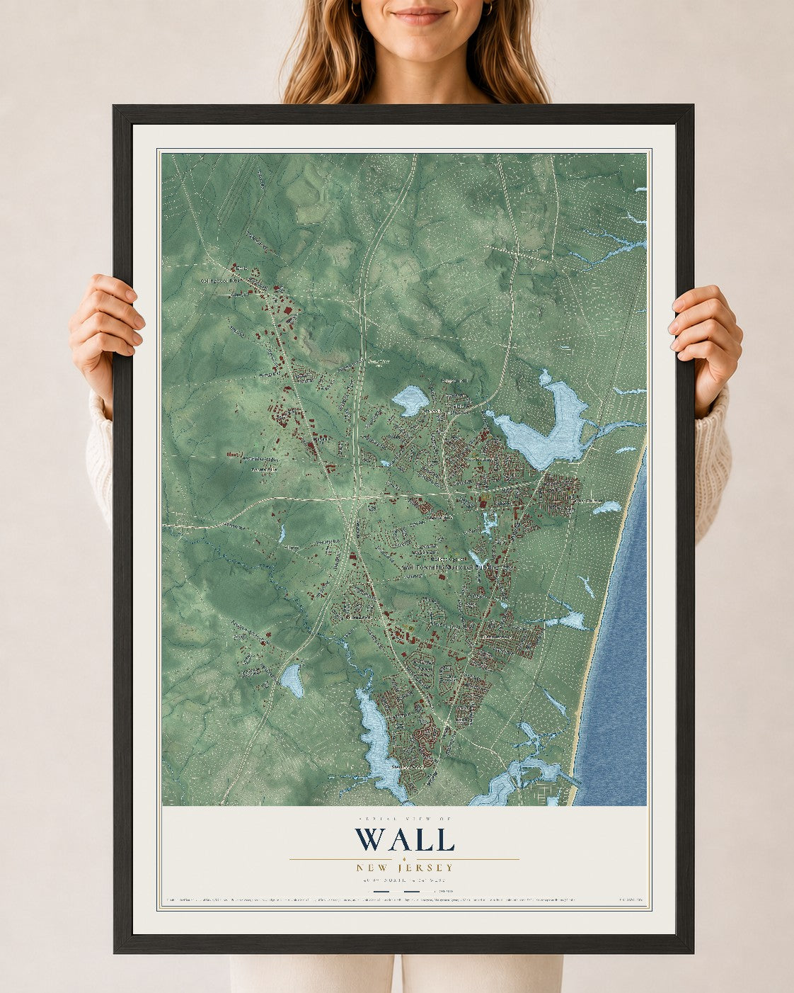 Wall, New Jersey map print, 24" x 36" W/ Black Ayous Wood Frame mockup