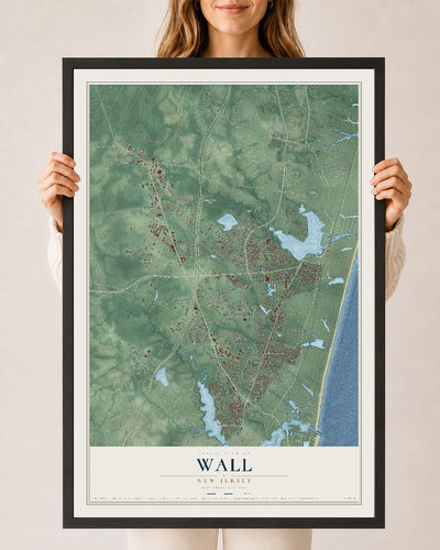 Wall, New Jersey map print, 24" x 36" W/ Black Ayous Wood Frame mockup