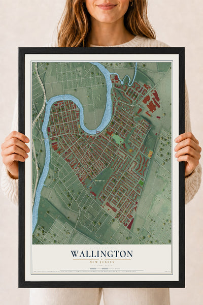 Wallington, New Jersey map print, 18" x 24" W/ Black Ayous Wood Frame mockup