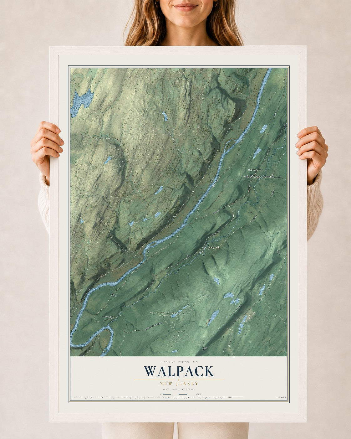Walpack, New Jersey map print, 24" x 36" W/ White Ayous Wood Frame mockup