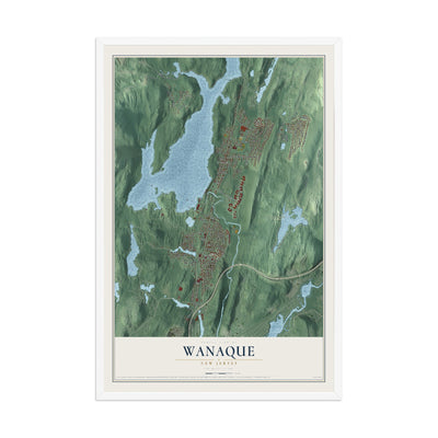 Wanaque, New Jersey map print, 12" x 18" W/ White Ayous Wood Frame mockup