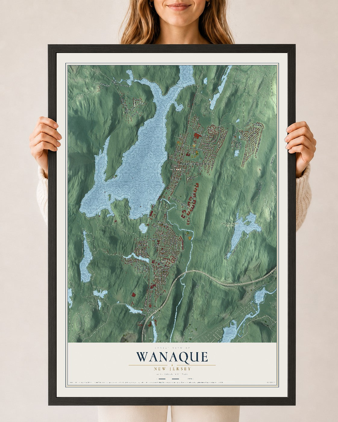 Wanaque, New Jersey map print, 24" x 36" W/ Black Ayous Wood Frame mockup