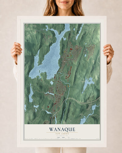 Wanaque, New Jersey map print, 24" x 36" W/ White Ayous Wood Frame mockup