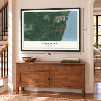 Waretown, New Jersey map, 24 x 36 inch print in a black frame above a dresser by a staircase