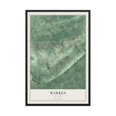 Warren, New Jersey map print, 12" x 18" W/ Black Ayous Wood Frame mockup