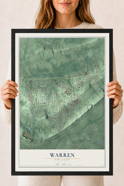 Warren, New Jersey map print, 18" x 24" W/ Black Ayous Wood Frame mockup
