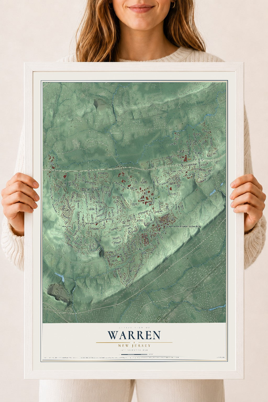 Warren, New Jersey map print, 18" x 24" W/ White Ayous Wood Frame mockup