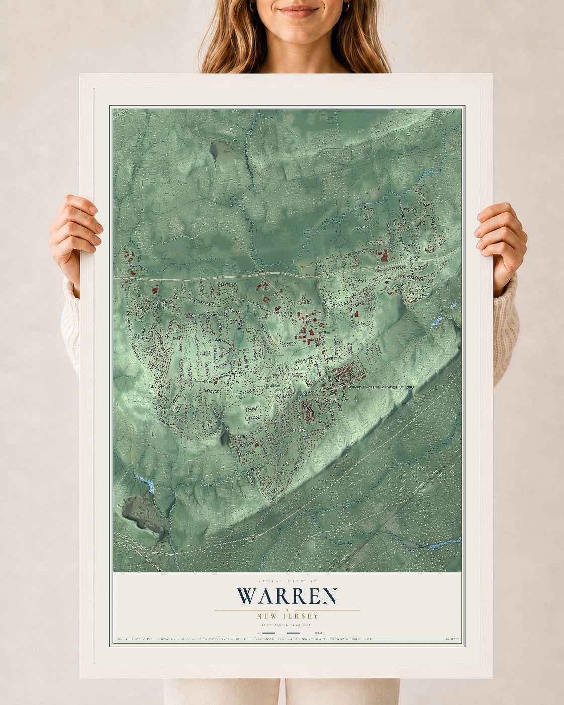 Warren, New Jersey map print, 24" x 36" W/ White Ayous Wood Frame mockup