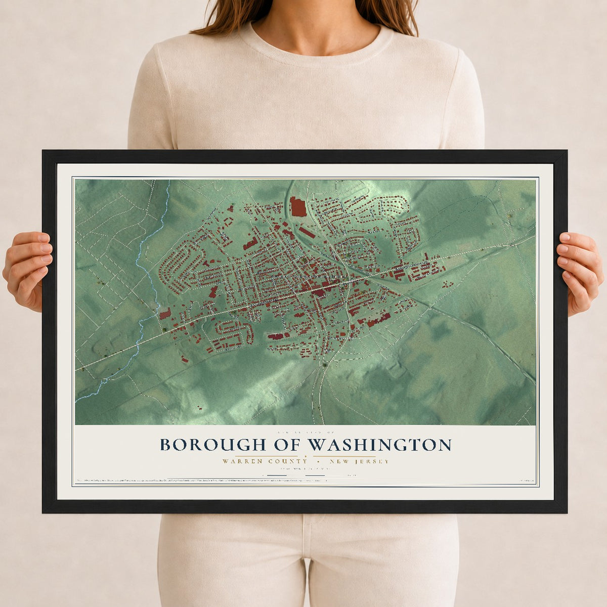 Borough of Washington, New Jersey map print, 12" x 18" W/ Black Ayous Wood Frame mockup