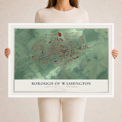 Borough of Washington, New Jersey map print, 24" x 36" W/ White Ayous Wood Frame mockup