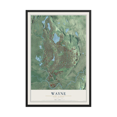 Wayne, New Jersey map print, 12" x 18" W/ Black Ayous Wood Frame mockup