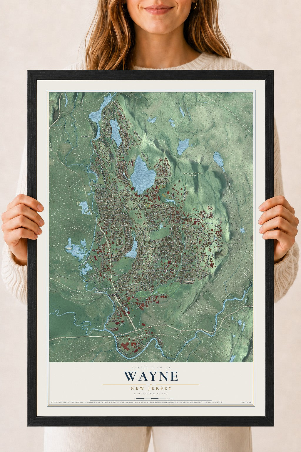 Wayne, New Jersey map print, 18" x 24" W/ Black Ayous Wood Frame mockup