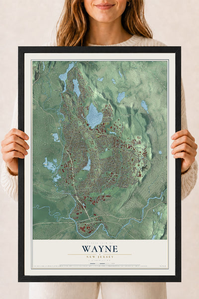 Wayne, New Jersey map print, 18" x 24" W/ Black Ayous Wood Frame mockup