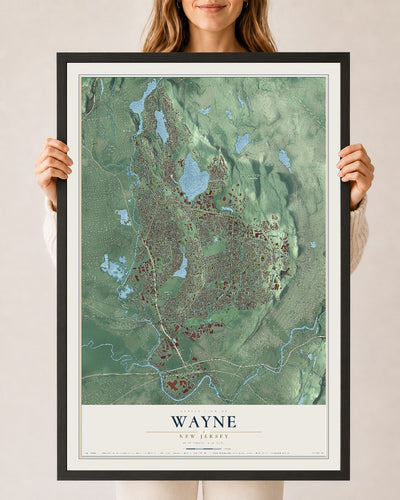 Wayne, New Jersey map print, 24" x 36" W/ Black Ayous Wood Frame mockup