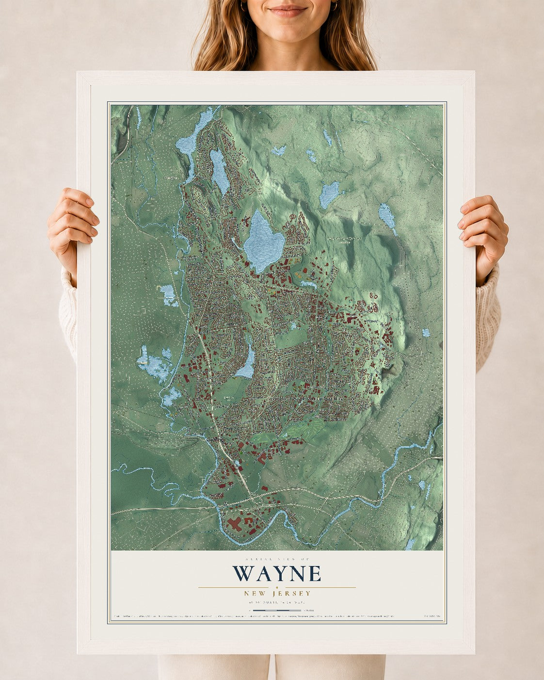 Wayne, New Jersey map print, 24" x 36" W/ White Ayous Wood Frame mockup