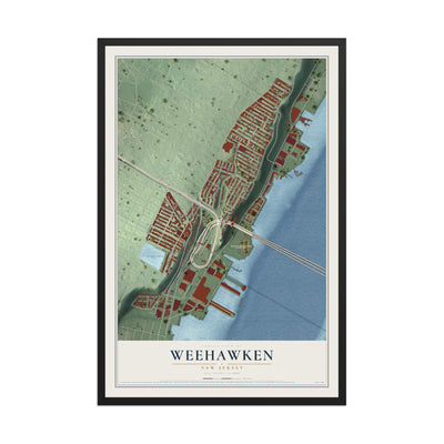 Weehawken, New Jersey map print, 12" x 18" W/ Black Ayous Wood Frame mockup