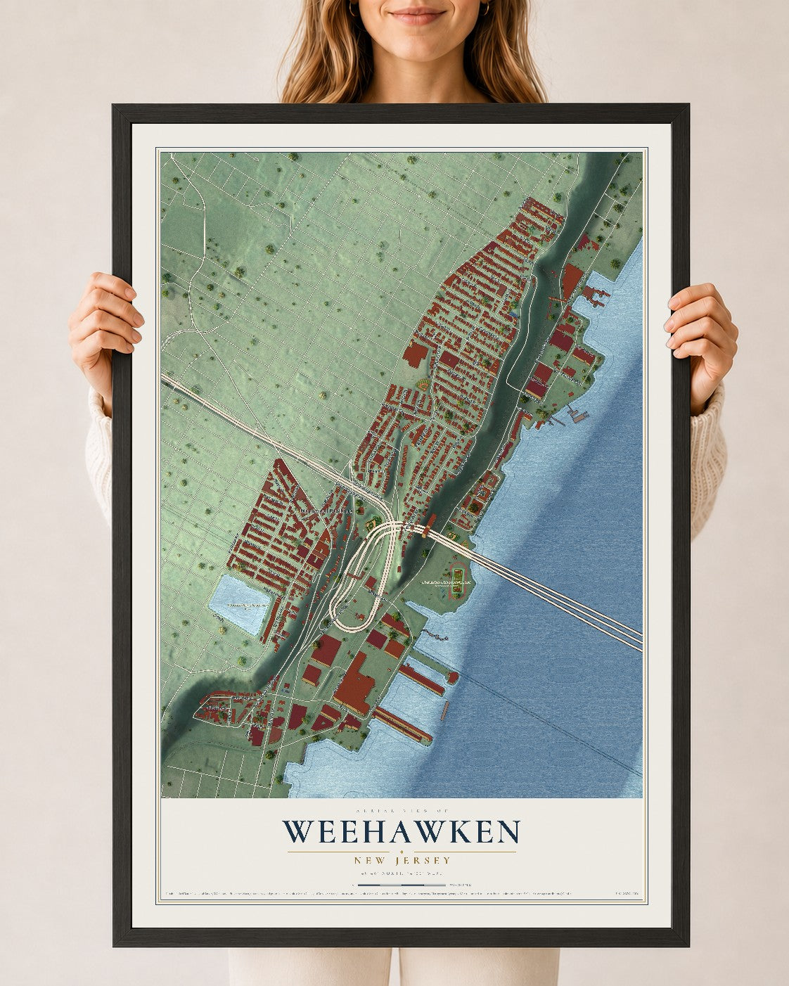 Weehawken, New Jersey map print, 24" x 36" W/ Black Ayous Wood Frame mockup