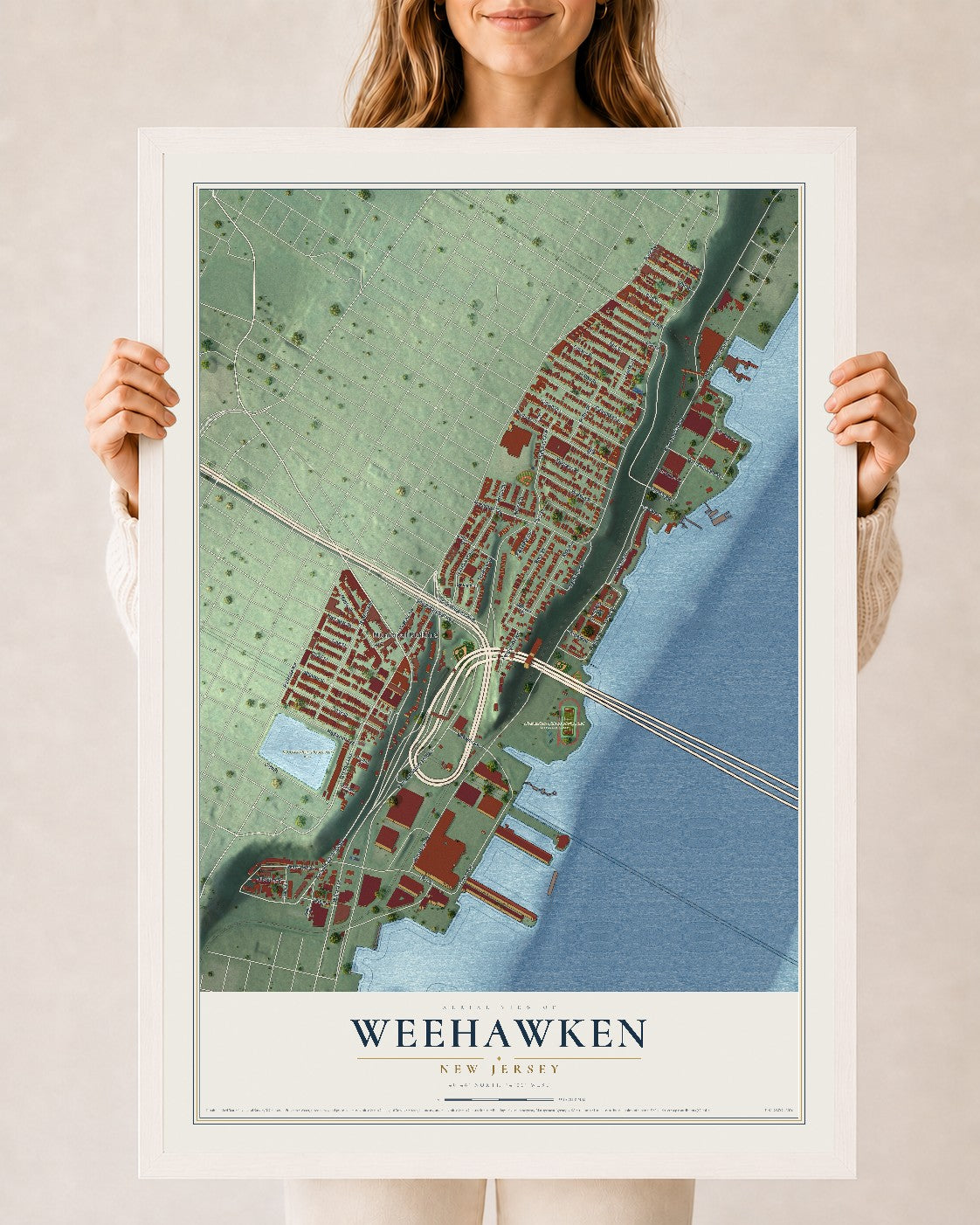 Weehawken, New Jersey map print, 24" x 36" W/ White Ayous Wood Frame mockup