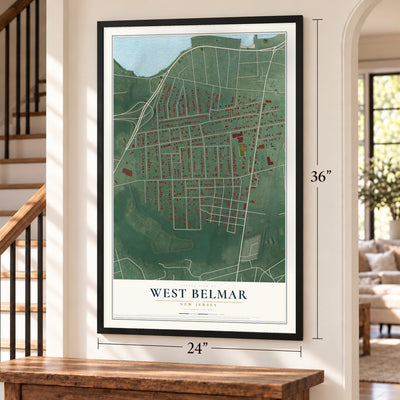 West Belmar, New Jersey map, 24 x 36 inch print in a black frame by a staircase