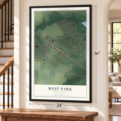 West Park, New Jersey map, 24 x 36 inch print in a black frame by a staircase