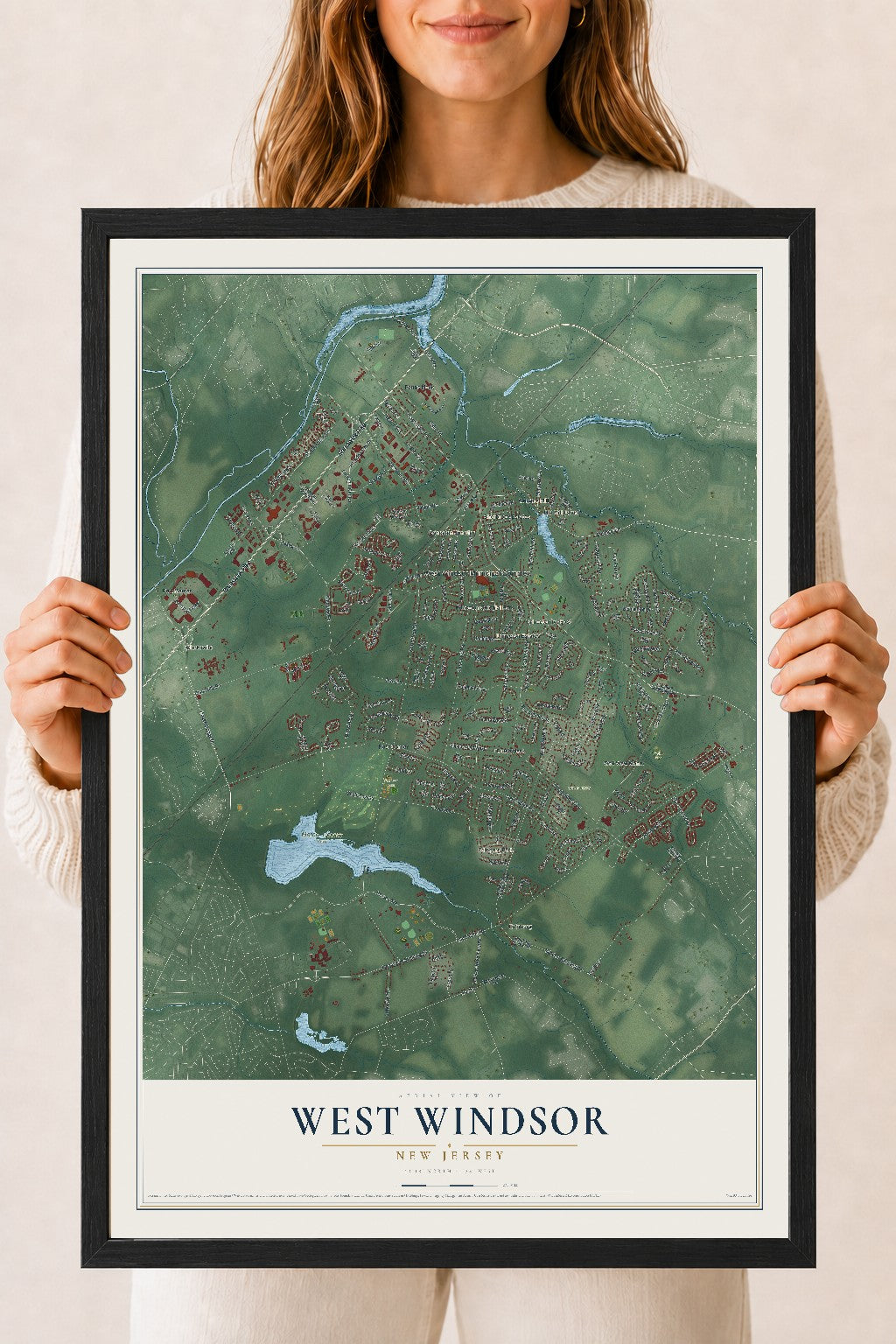 West Windsor, New Jersey map print, 18" x 24" W/ Black Ayous Wood Frame mockup