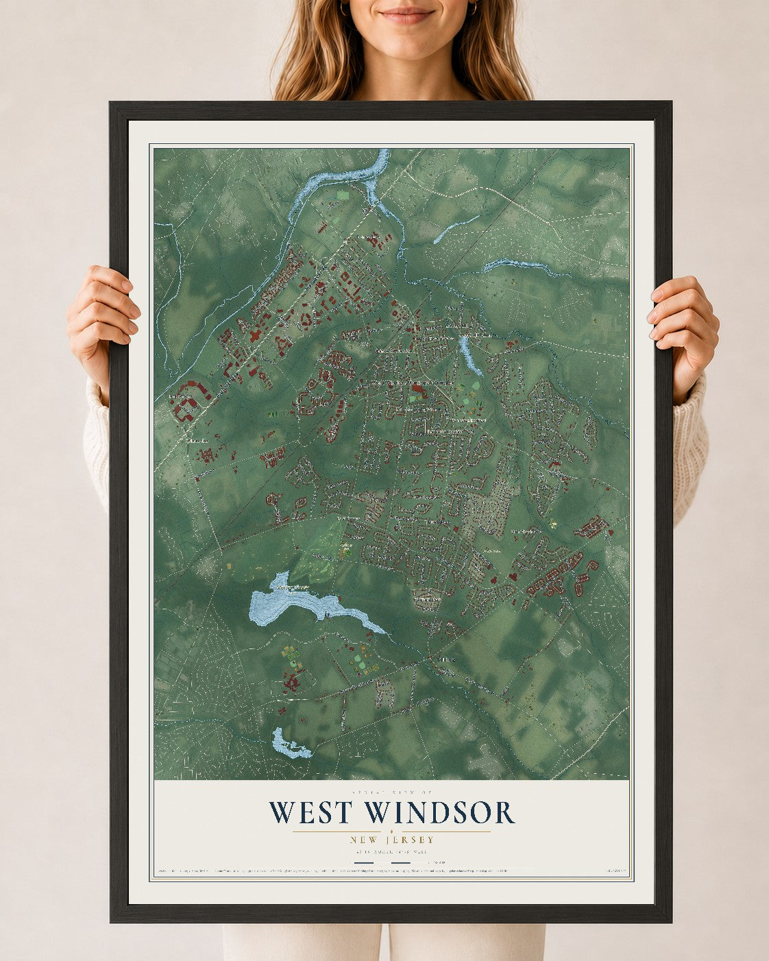 West Windsor, New Jersey map print, 24" x 36" W/ Black Ayous Wood Frame mockup