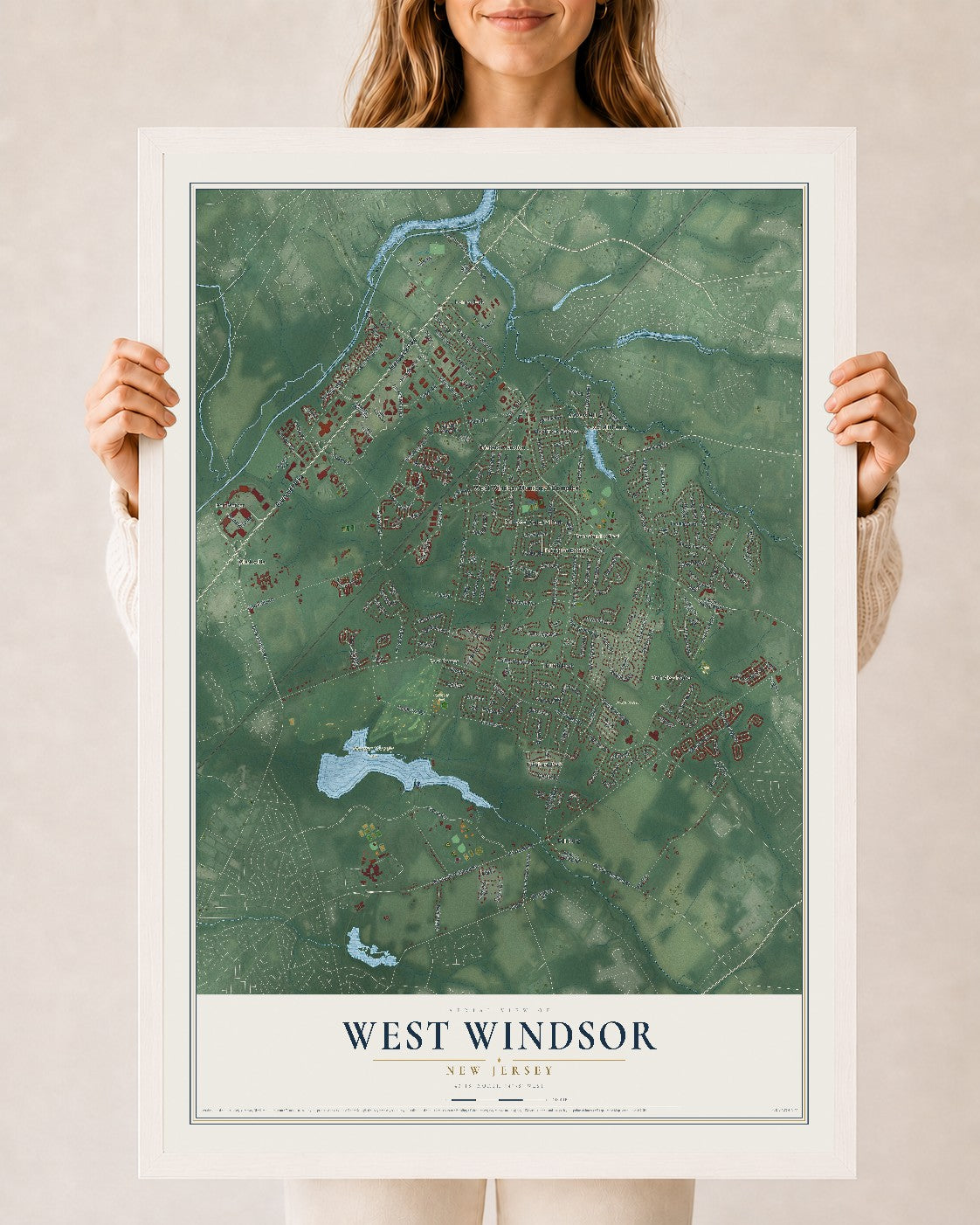 West Windsor, New Jersey map print, 24" x 36" W/ White Ayous Wood Frame mockup